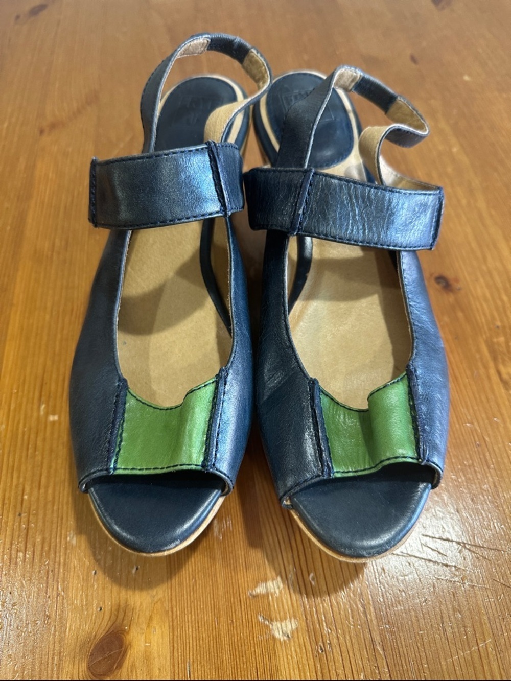 Frye Navy Leather Wedge Sandals with Green Accent